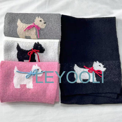 Handmade Knitted Puppy Scarf, Pink Cartoon Bow, Winter Warm Scarf