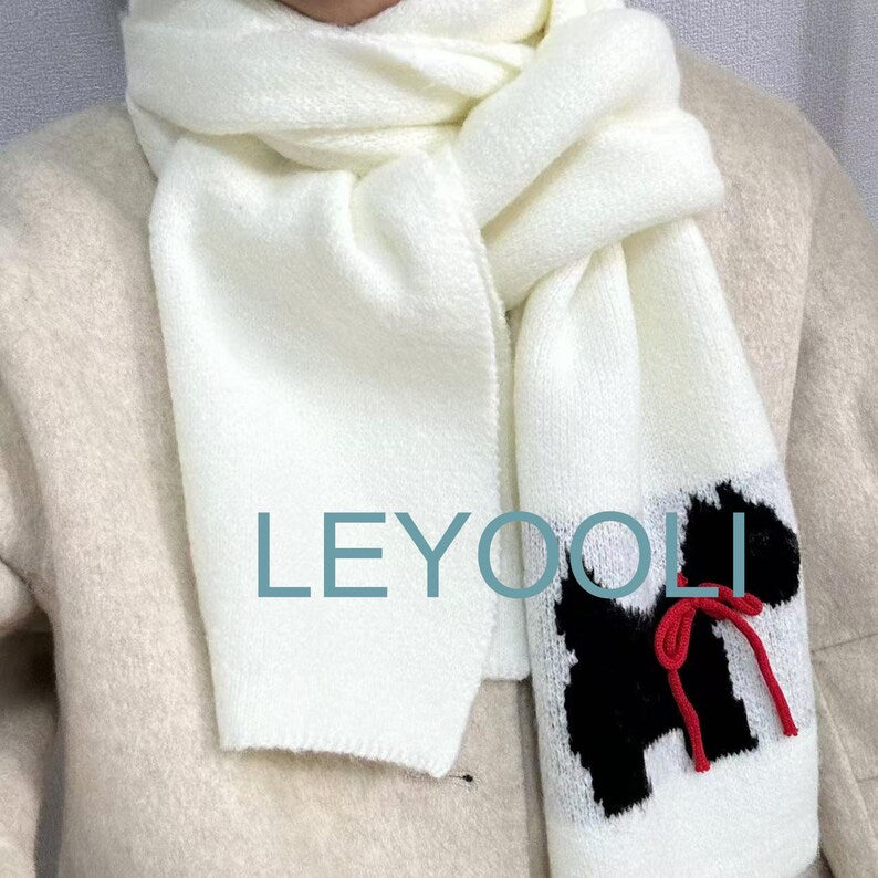 Handmade Knitted Puppy Scarf, Pink Cartoon Bow, Winter Warm Scarf