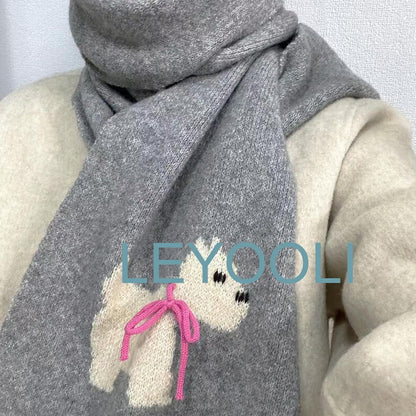 Handmade Knitted Puppy Scarf, Pink Cartoon Bow, Winter Warm Scarf