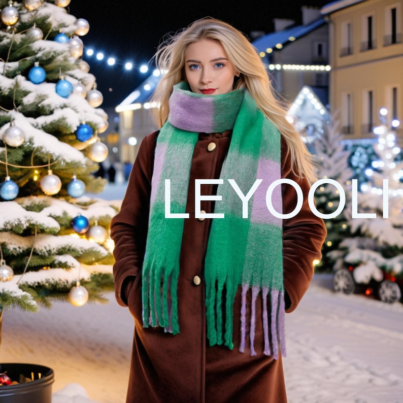 Handmade Green Purple Plaid Mohair Scarf, Gradient Fringe Shawl