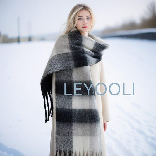 Mohair Plaid Scarf | Gray-Black Gradient, Warm Winter Shawl