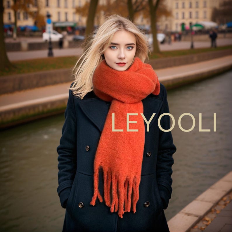 Orange Mohair Wool Blend Scarf, Winter Tassel Scarf