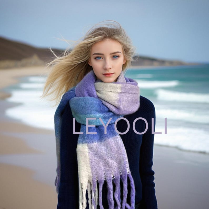 Purple Plaid Mohair Scarf: Winter Warm Tassel Shawl