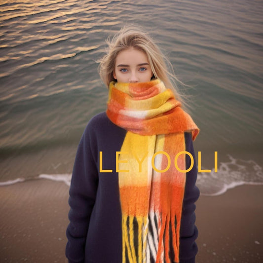 Mohair Plaid Scarf, Orange White, Fall Winter Shawl (37cm x 210cm)