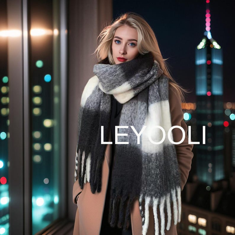 Plaid Mohair Scarf, Black White Gray Gradient, Winter Shawl with Fringe