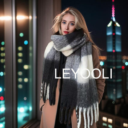 Plaid Mohair Scarf, Black White Gray Gradient, Winter Shawl with Fringe