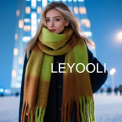 Green Brown Plaid Mohair Scarf: Soft Winter Shawl with Fringe