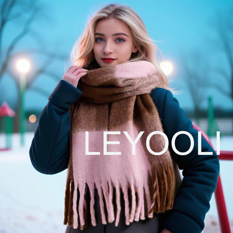 Plaid Mohair Scarf, Brown Pink Tassel Scarf, Winter Fashion