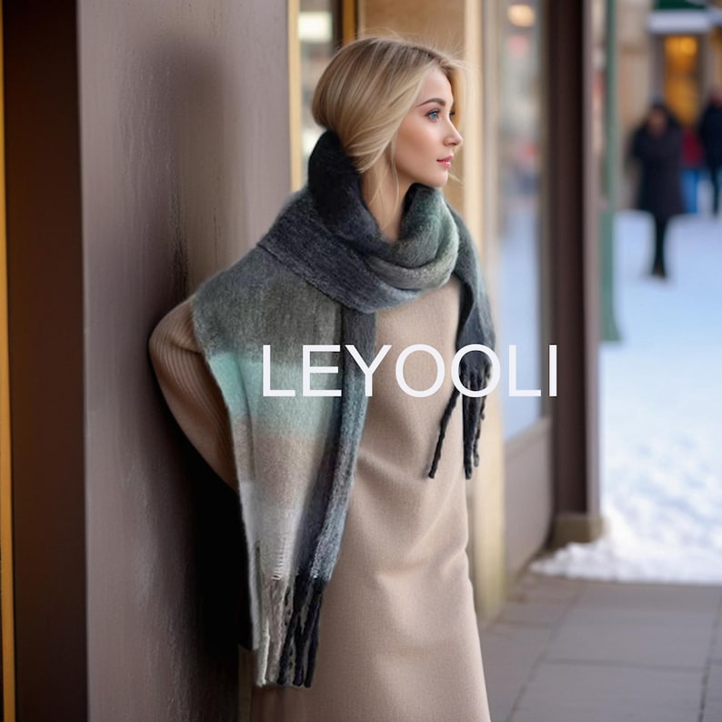 Green Plaid Mohair Scarf, Classic Warm Shawl