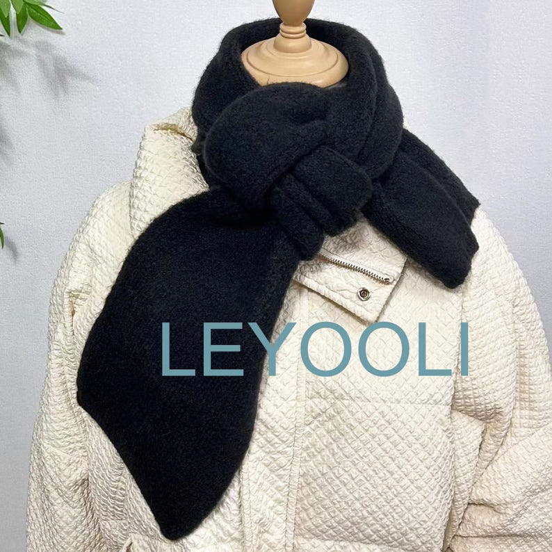 Hand Knitted Black Cotton Scarf, Elegant Winter Warm Scarf