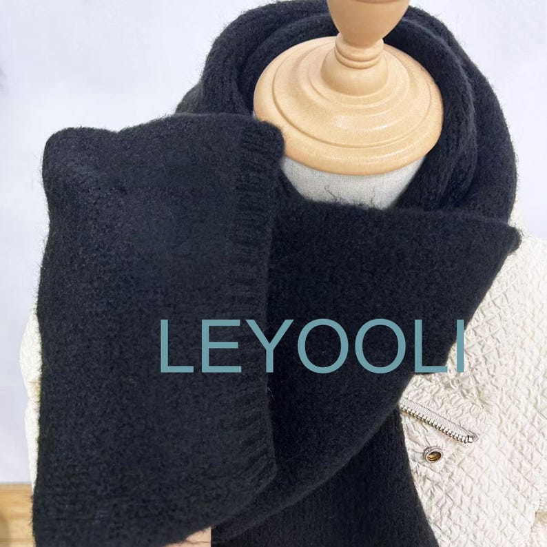 Hand Knitted Black Cotton Scarf, Elegant Winter Warm Scarf