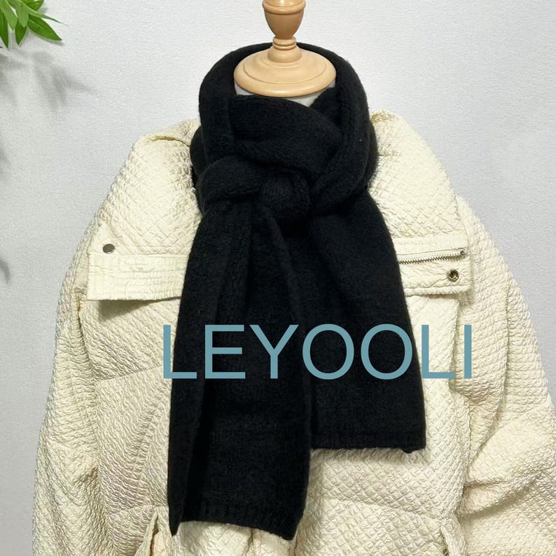 Hand Knitted Black Cotton Scarf, Elegant Winter Warm Scarf