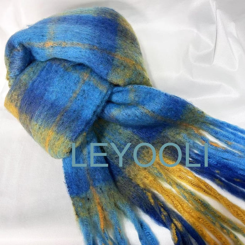 Rainbow Plaid Mohair Scarf, Winter Warm Shawl