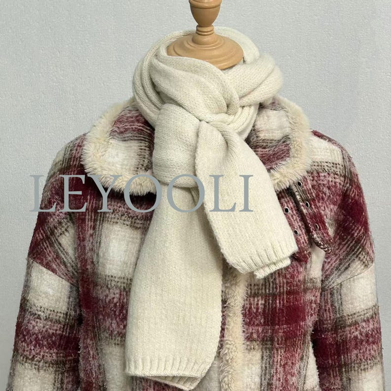 Hand Knitted White Scarf, Cotton Yarn, Warm Winter Scarf (165x22cm)