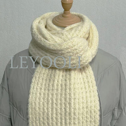 Hand Knitted White Scarf, Cotton Yarn, Warm Winter Scarf