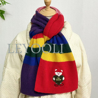 Rainbow Striped Knitted Bear Scarf, Christmas Gift