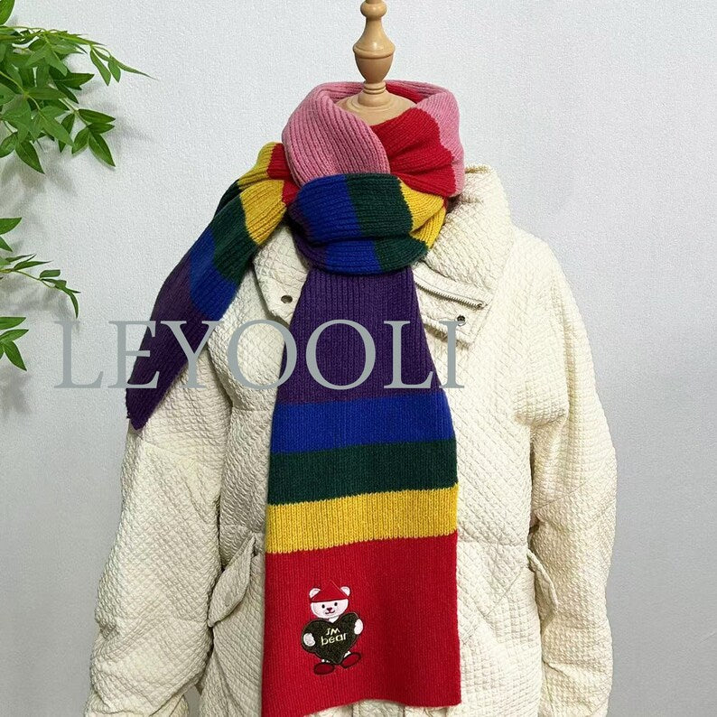 Rainbow Striped Knitted Bear Scarf, Christmas Gift