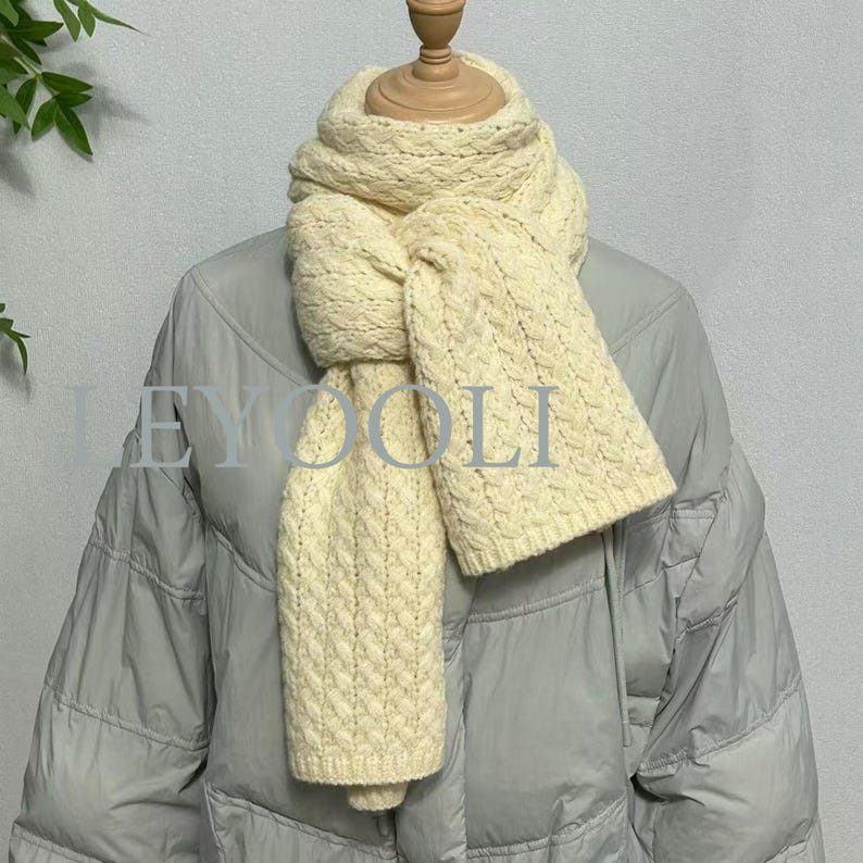 White Knitted Twist Scarf, Soft Cotton Blend, Winter Warmth