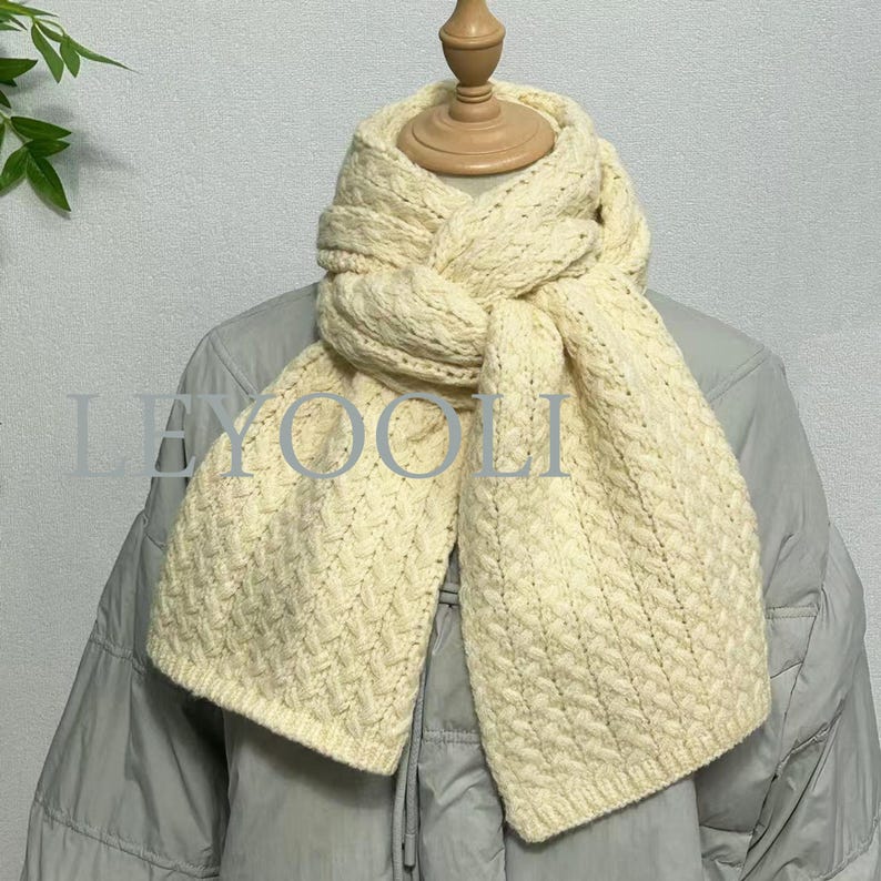 White Knitted Twist Scarf, Soft Cotton Blend, Winter Warmth