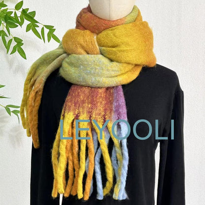 Rainbow Mohair Plaid Scarf: Yellow Tassel Shawl