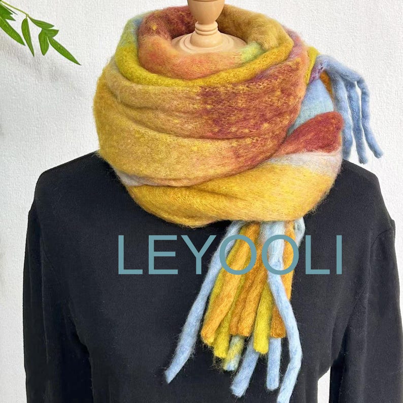Rainbow Mohair Plaid Scarf: Yellow Tassel Shawl