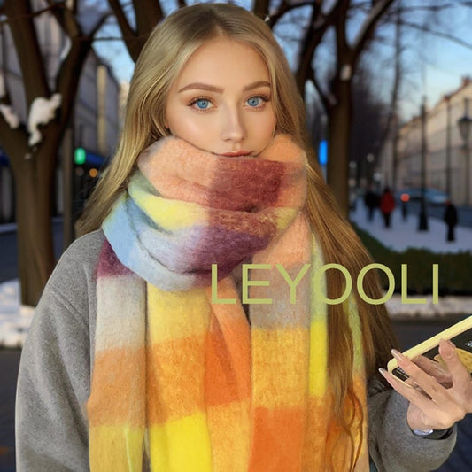 Rainbow Mohair Plaid Scarf: Yellow Tassel Shawl