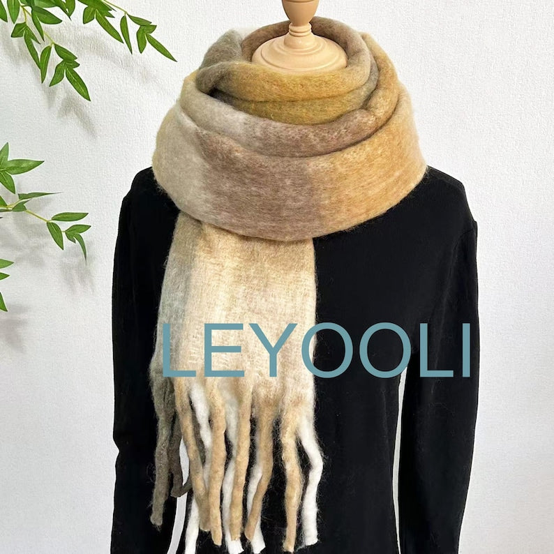 Brown Mohair Plaid Scarf, Autumn Winter Shawl (37cm x 210cm)