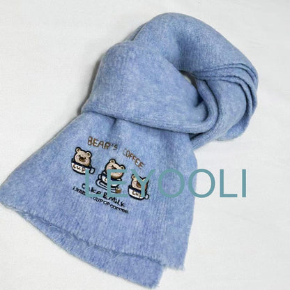 Cute Bear Wool Knitted Scarf, Cartoon Embroidery Scarf, New Cute Warm Wool Scarf, Gift for Girlfriend, Winter Warm Scarf