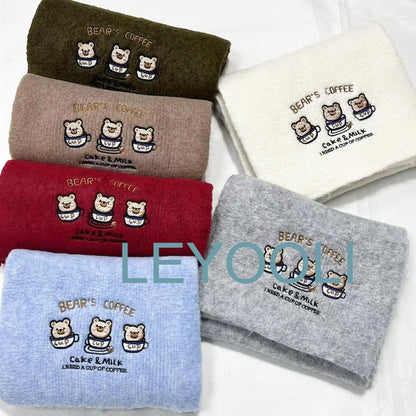 Cute Bear Wool Knitted Scarf, Cartoon Embroidery Scarf, New Cute Warm Wool Scarf, Gift for Girlfriend, Winter Warm Scarf