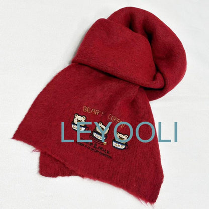 Cute Bear Wool Knitted Scarf, Cartoon Embroidery Scarf, New Cute Warm Wool Scarf, Gift for Girlfriend, Winter Warm Scarf