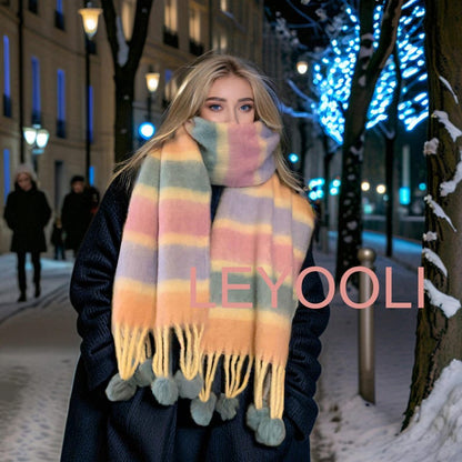 Rainbow Mohair Scarf, Striped Winter Scarf, Hairball Fringe