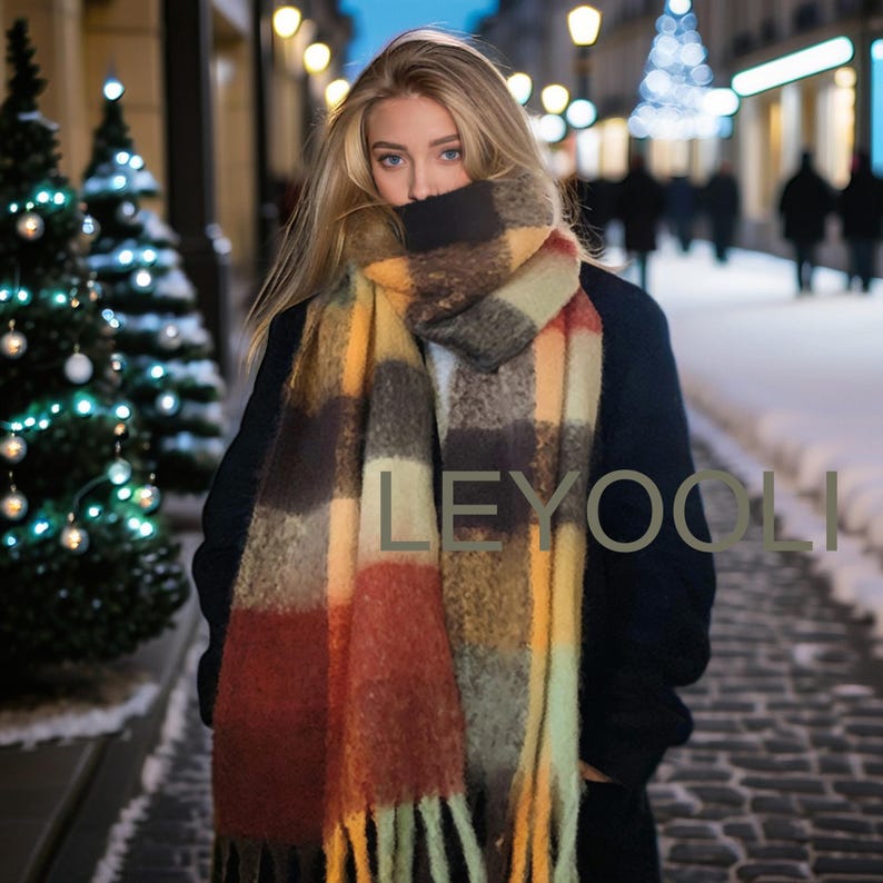 Red Brown Plaid Mohair Scarf: Warm Winter Shawl