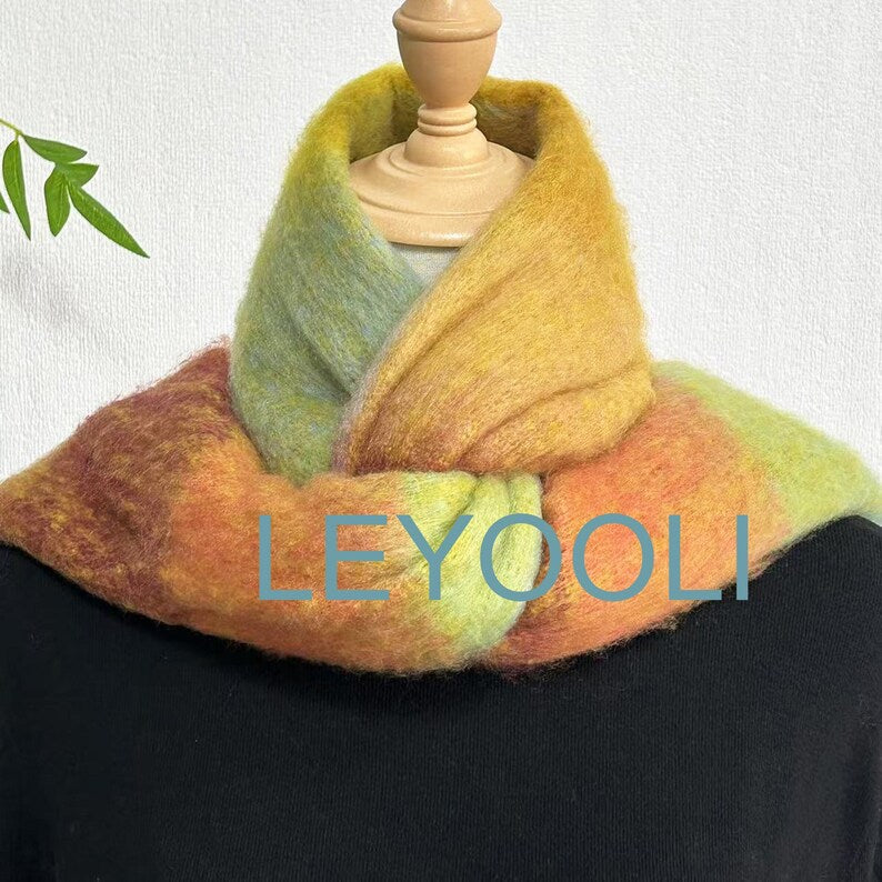 Yellow Plaid Mohair Scarf, Colorful Tassel Shawl