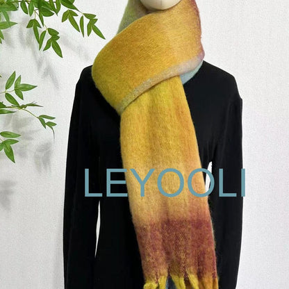 Yellow Plaid Mohair Scarf, Colorful Tassel Shawl