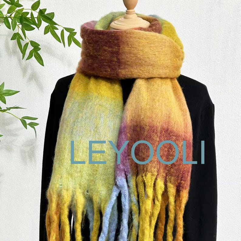Yellow Plaid Mohair Scarf, Colorful Tassel Shawl