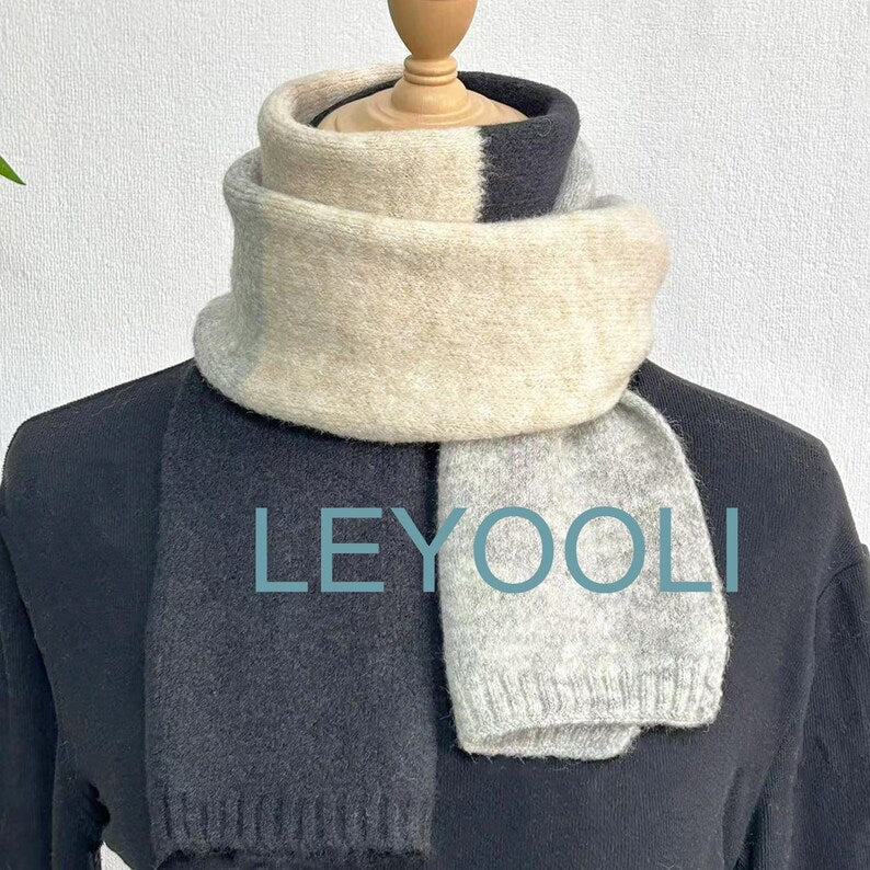 Hand Knitted Color Blocked Cotton Wool Scarf, Elegant Winter Warmth