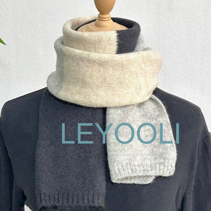 Hand Knitted Color Blocked Cotton Wool Scarf, Elegant Winter Warmth
