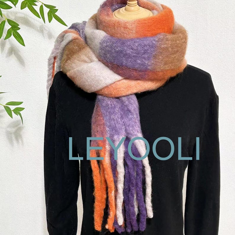 Reversible Mohair Plaid Scarf, Colorful Tassel Shawl