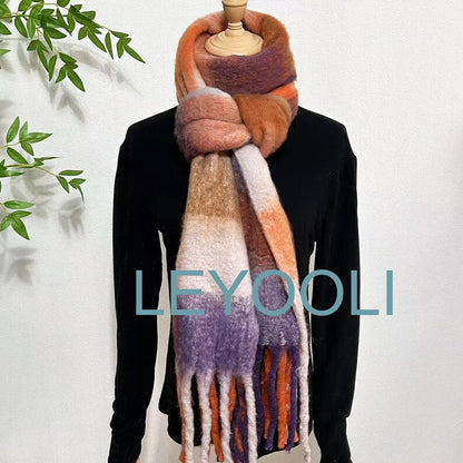 Reversible Mohair Plaid Scarf, Colorful Tassel Shawl
