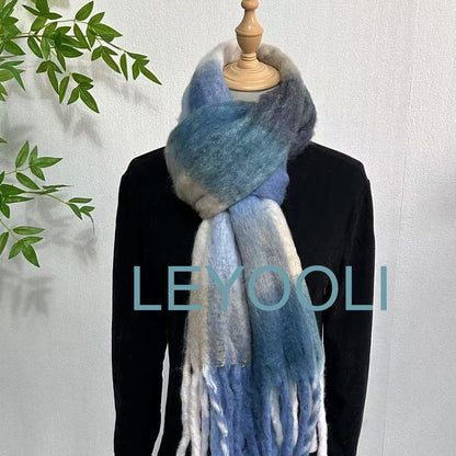Blue Plaid Mohair Scarf: Warm Winter Shawl