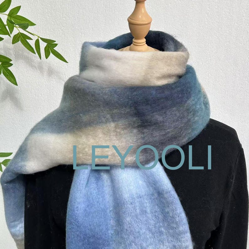 Blue Plaid Mohair Scarf: Warm Winter Shawl