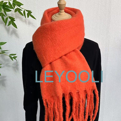 Orange Mohair Wool Blend Scarf, Winter Tassel Scarf