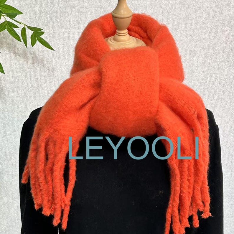 Orange Mohair Wool Blend Scarf, Winter Tassel Scarf