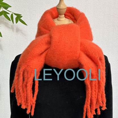 Orange Mohair Wool Blend Scarf, Winter Tassel Scarf