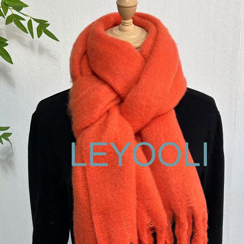 Orange Mohair Wool Blend Scarf, Winter Tassel Scarf