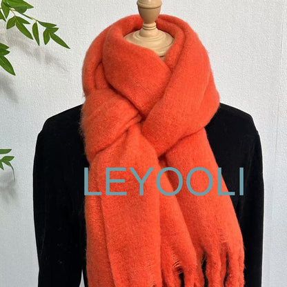 Orange Mohair Wool Blend Scarf, Winter Tassel Scarf
