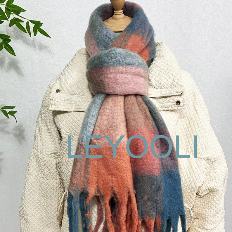 Reversible Mohair Plaid Scarf, Orange Blue Tassel Shawl