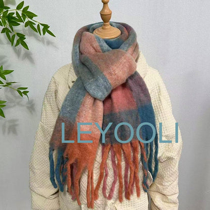 Reversible Mohair Plaid Scarf, Orange Blue Tassel Shawl