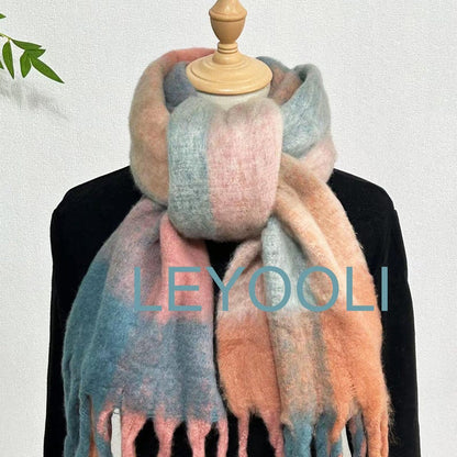 Reversible Mohair Plaid Scarf, Orange Blue Tassel Shawl