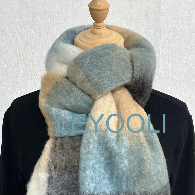Oversized Mohair Plaid Scarf, Winter Warm Shawl with Tassels